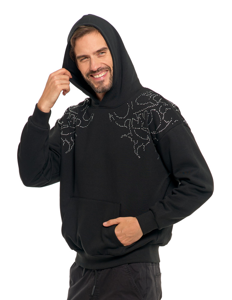 Bluzy - Bluza unisex z kapturem i cyrkoniami ocieplana CZARNY - produkt moraj.pl 7