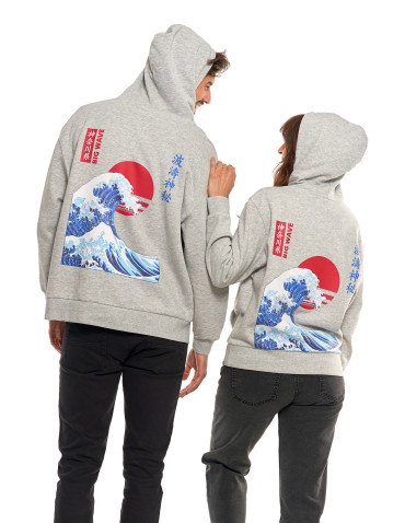 Bluzy - Bluza unisex z kapturem z japońskim motywem fali SZARY - produkt 2
