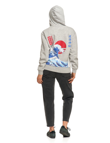Bluzy - Bluza unisex z kapturem z japońskim motywem fali SZARY - produkt 13