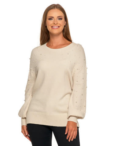 Swetry - Damski sweter z ozdobnymi perełkami i szerokimi rękawami BEŻOWY - produkt 1