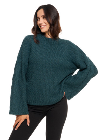 Swetry - Damski sweter luźny z szerokimi rękawami CIEMNY ZIELONY - produkt 1