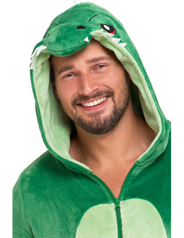 Długi rękaw - Jednoczęściowy kostium onesie dinozaur z kapturem unisex ZIELONY - produkt 10