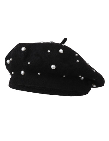 Czapki - Elegancki beret damski z dodatkiem wełny i perłami CZARNY - produkt 1