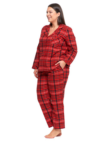 Długi rękaw - Piżama damska bawełniana w czerwoną kratę Plus Size CZERWONY - produkt 5