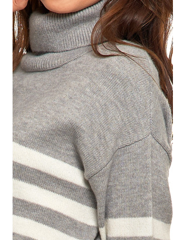Swetry - Sweter damski w paski z golfem o luźnym kroju SZARY - produkt 3