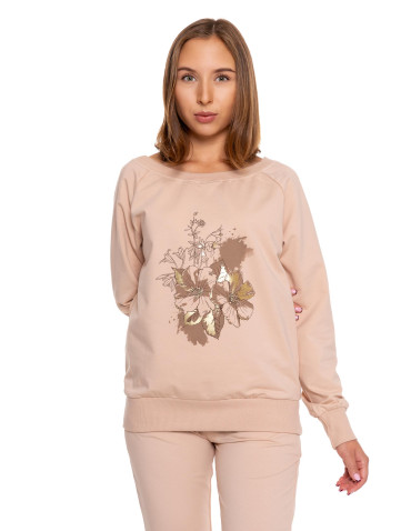 Bluzy - Bluza damska dresowa o klasycznym kroju z nadrukiem BEŻOWY - produkt 4