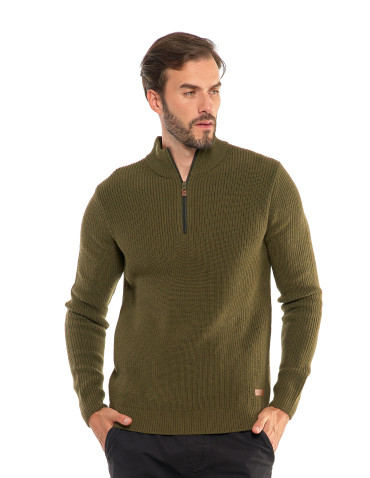 Swetry - Sweter męski klasyczny zapinany ze stójką KHAKI - produkt 1