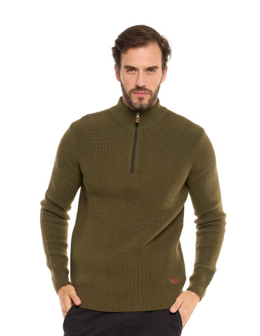 Swetry - Sweter męski klasyczny zapinany ze stójką KHAKI - produkt 5