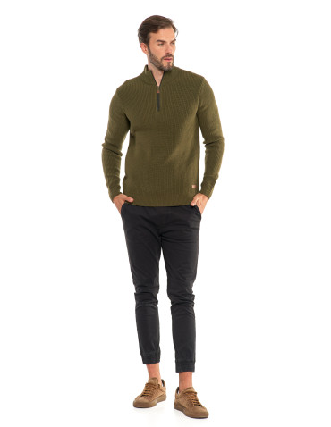 Swetry - Sweter męski klasyczny zapinany ze stójką KHAKI - produkt 8
