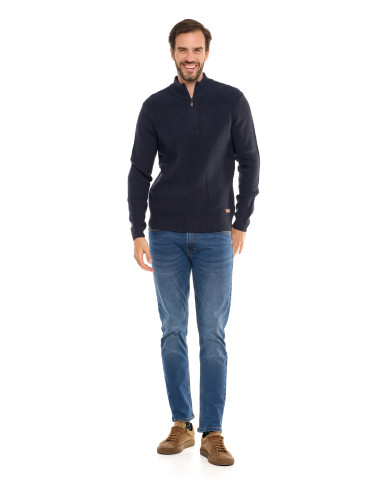 Swetry - Sweter męski klasyczny zapinany ze stójką GRANATOWY - produkt 8