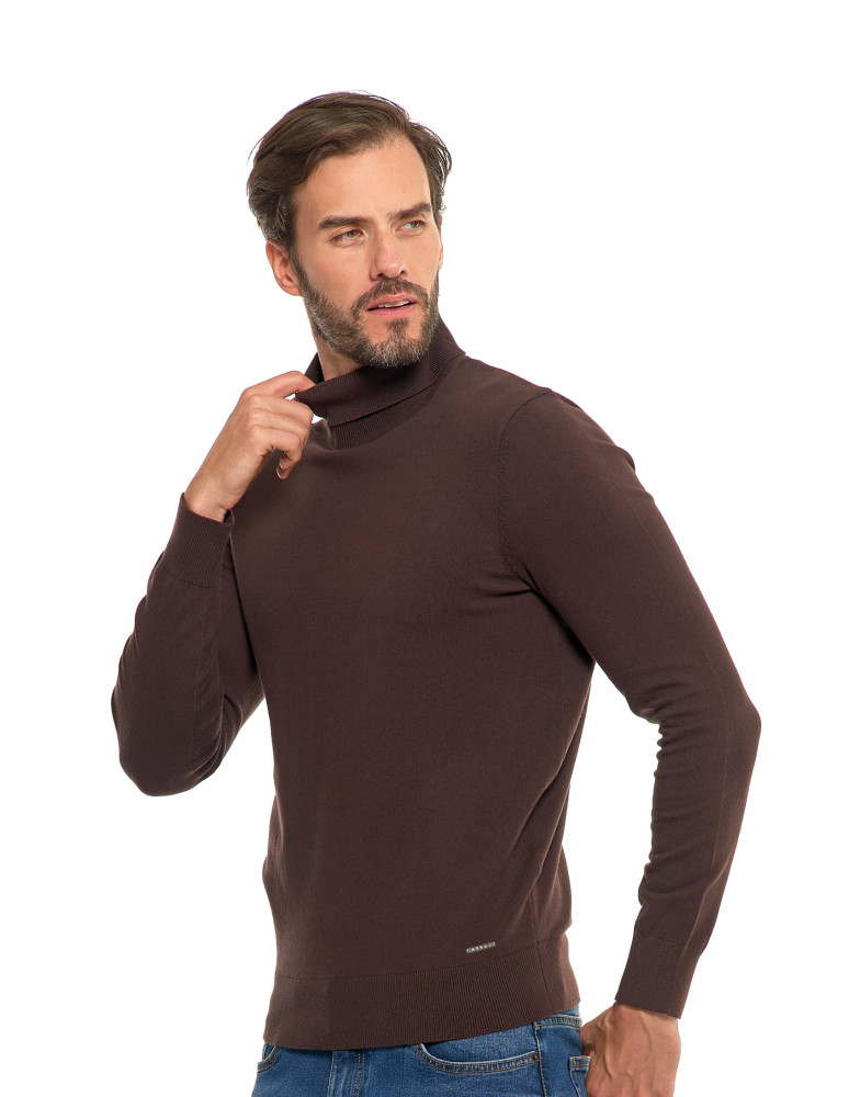 Swetry - Męski sweter klasyczny z golfem bawełniany BRĄZOWY - produkt moraj.pl 5