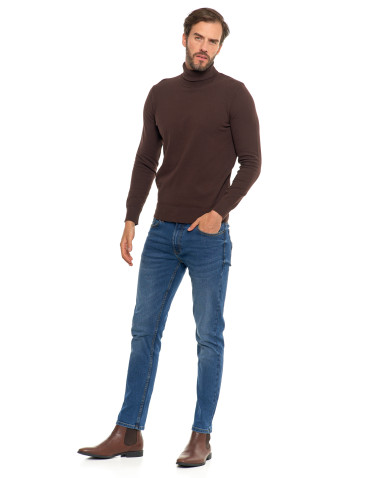Swetry - Męski sweter klasyczny z golfem bawełniany BRĄZOWY - produkt 9