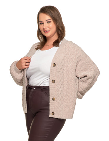 Swetry - Kardigan damski sweter z plecionym wzorem i guzikami BEŻOWY - produkt 6