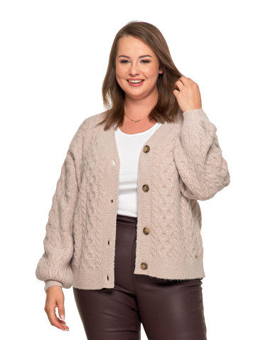 Swetry - Kardigan damski sweter z plecionym wzorem i guzikami BEŻOWY - produkt 7