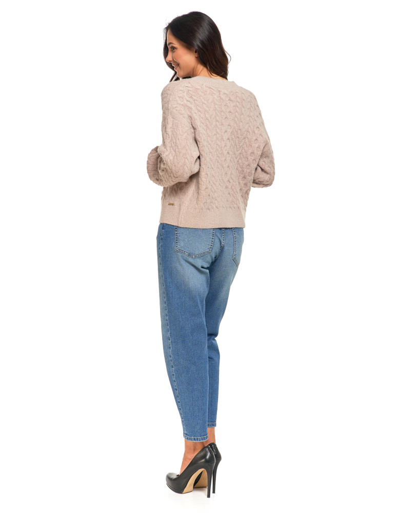 Swetry - Kardigan damski sweter z plecionym wzorem i guzikami BEŻOWY - produkt moraj.pl 11