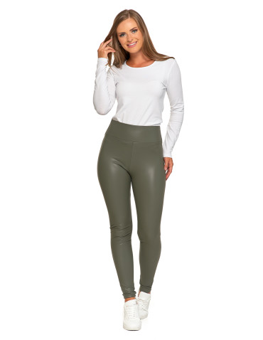 Legginsy - Damskie legginsy z eko skóry z wysokim stanem ZIELONY - produkt 3
