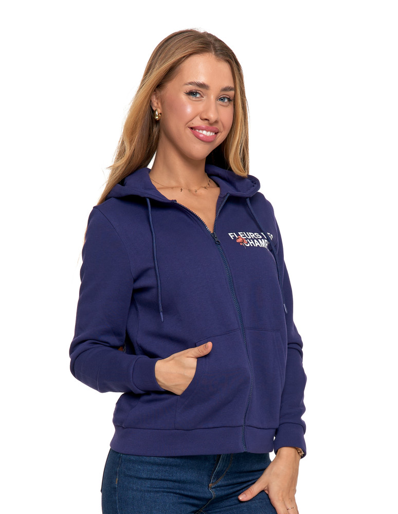 Bluzy - Ocieplana bluza damska rozpinana bawełniana motyw kwiatów GRANATOWY - produkt moraj.pl 2