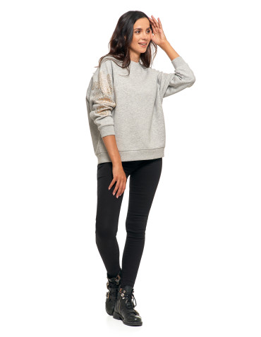 Bluzy - Bluza damska ocpielana ze złotym kwiatowym nadrukiem JASNY SZARY - produkt 6