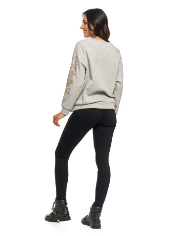 Bluzy - Bluza damska ocpielana ze złotym kwiatowym nadrukiem JASNY SZARY - produkt 7