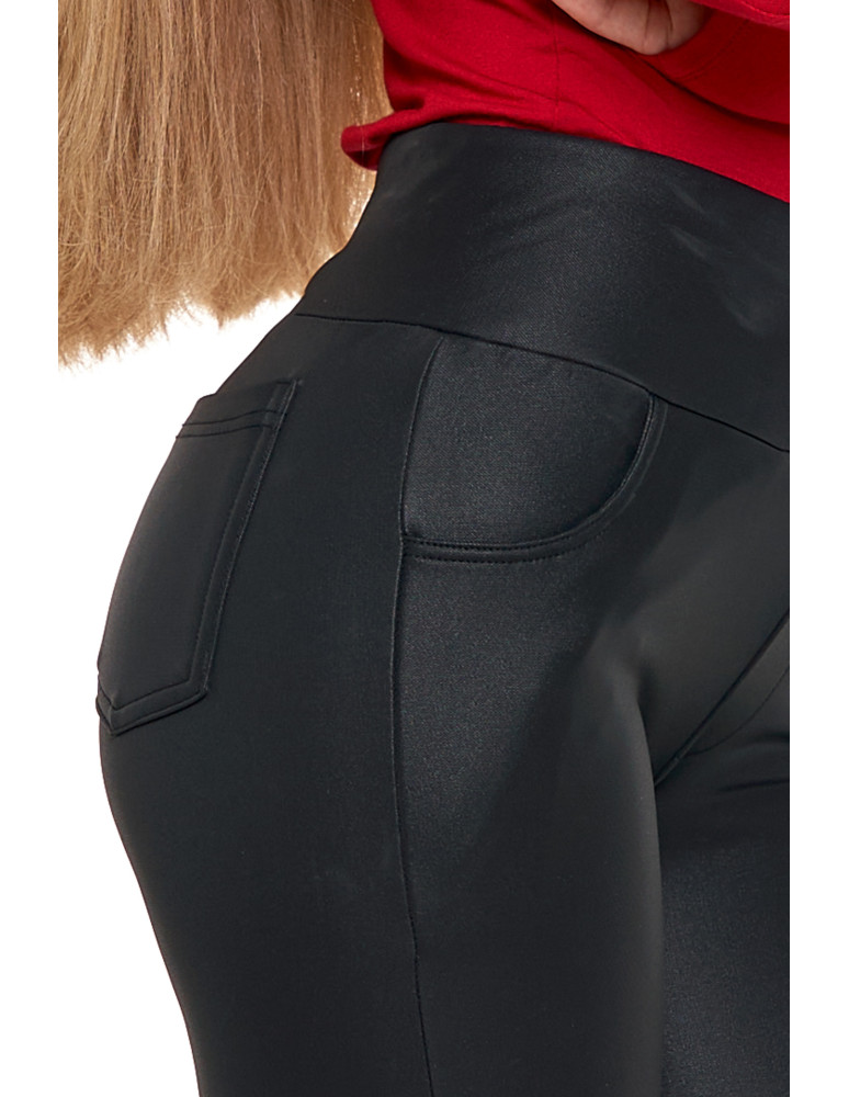 Legginsy - Damskie legginsy z wysokim stanem w stylu skórzanym CZARNY - produkt moraj.pl 6