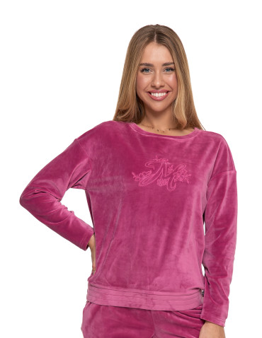 Bluzy - Welurowa bluza damska z haftem bez kaptura RÓŻOWY - produkt 1