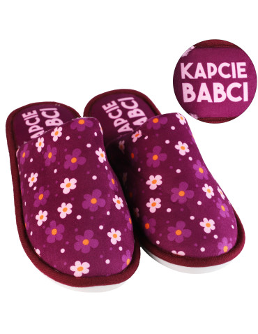 Kapcie i bambosze - Kapcie dla Babci domowe ocieplane z kwiatowym wzorem FIOLETOWY - produkt 1