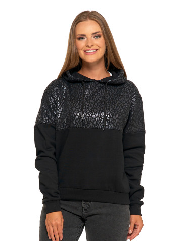 Bluzy - Damska bluza z kapturem ocieplana z motywem graficznym CZARNY - produkt 1