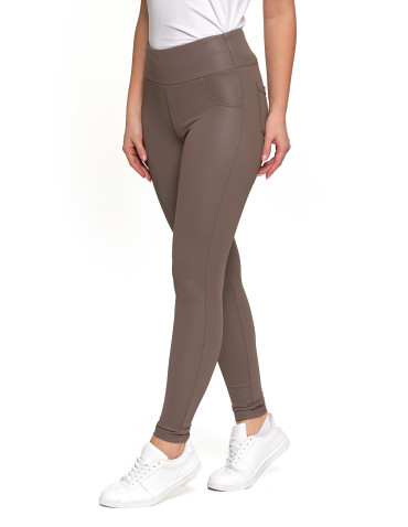 Legginsy - Damskie legginsy z wysokim stanem w stylu skórzanym BEŻOWY - produkt 6
