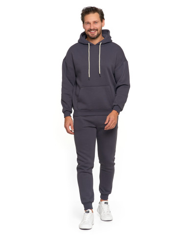 Bluzy - Męska bluza dresowana oversize z kapturem ocieplana GRAFIT - produkt 6